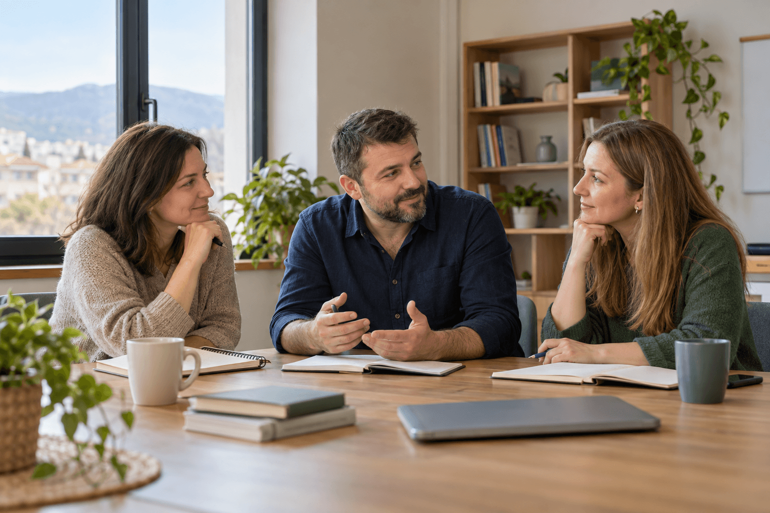 AI-generated illustration: three educators discuss ideas around a table with notebooks.