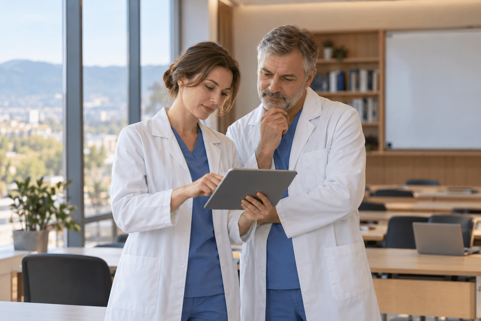 AI-generated illustration: two medical professionals review information on a tablet.